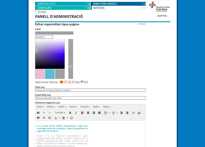 Pantalla del gestor de continguts de la pàgina web de l'Hospital-Clínic Costa Brava de Palamós