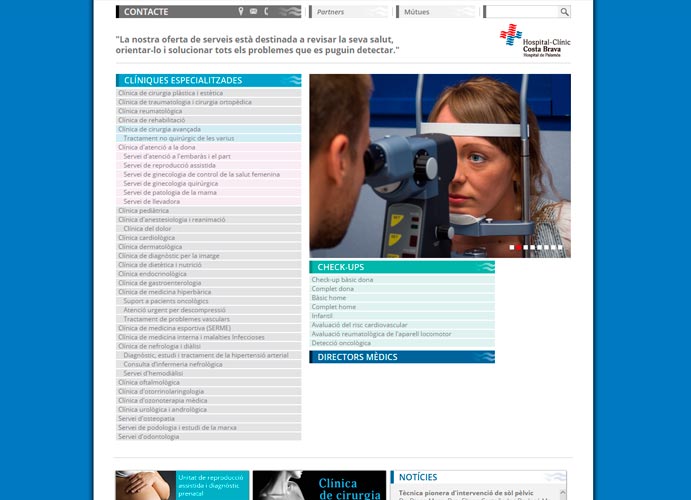 Pantalla d'especialitats de la pàgina web de l'Hospital-Clínic Costa Brava de Palamós